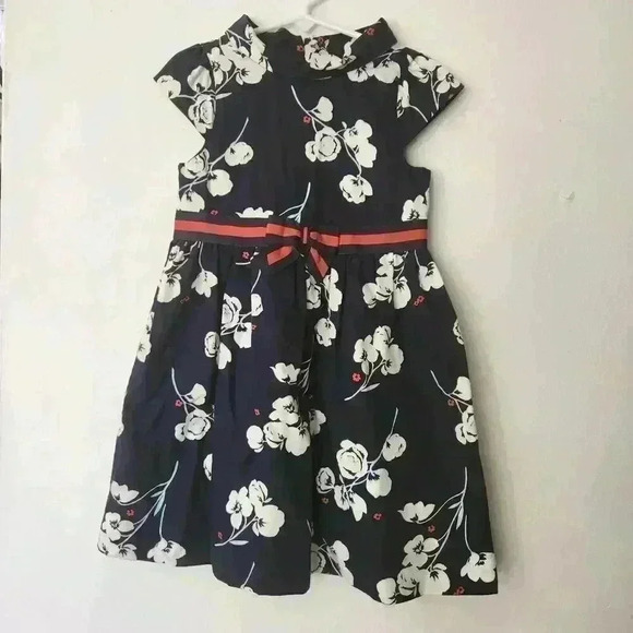 Janie and Jack Navy Flowered‎ Dress Girls 3T Fold Over Collar Fully Lined GUC - Picture 1 of 6